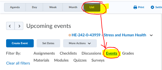 Click on the List to view all the calendar events in your class as list items, then click on Events for “Filter By:” so you only see events for the zoom meeting events
