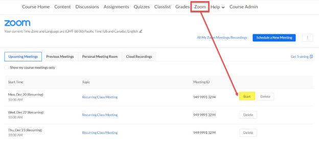 Click the Start button next to the meeting name