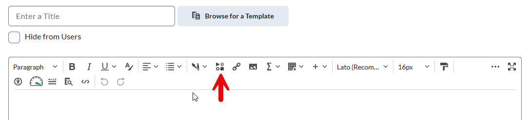 A red arrow pointing to the Insert Stuff tool on HTML Editor in D2L