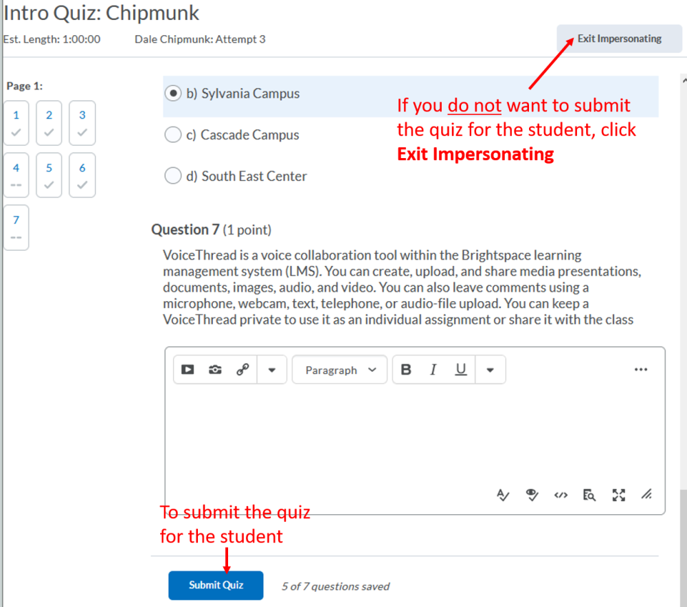 Submitt Questions Submitting a quiz in progress | Instructional Support at PCC