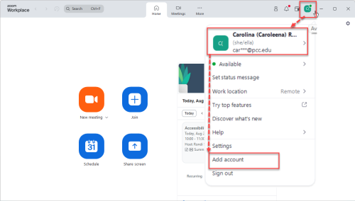 Zoom desktop app showing profile menu open with Add account option highlighted.