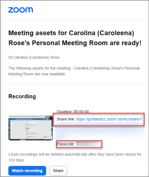 Zoom email with meeting recording link