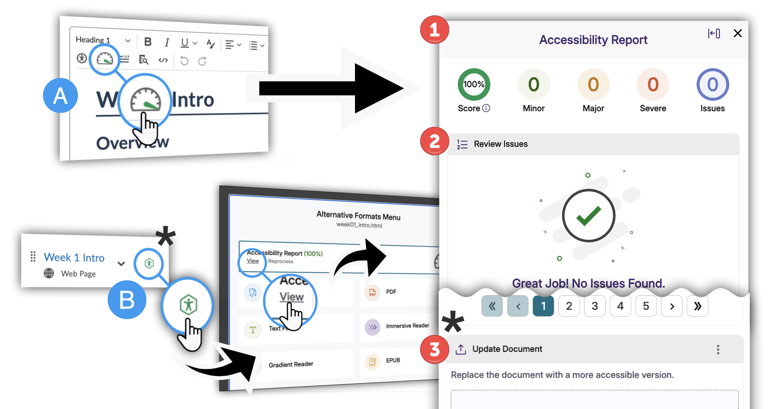 A composite of screens showing the two ways two access the accessibility report