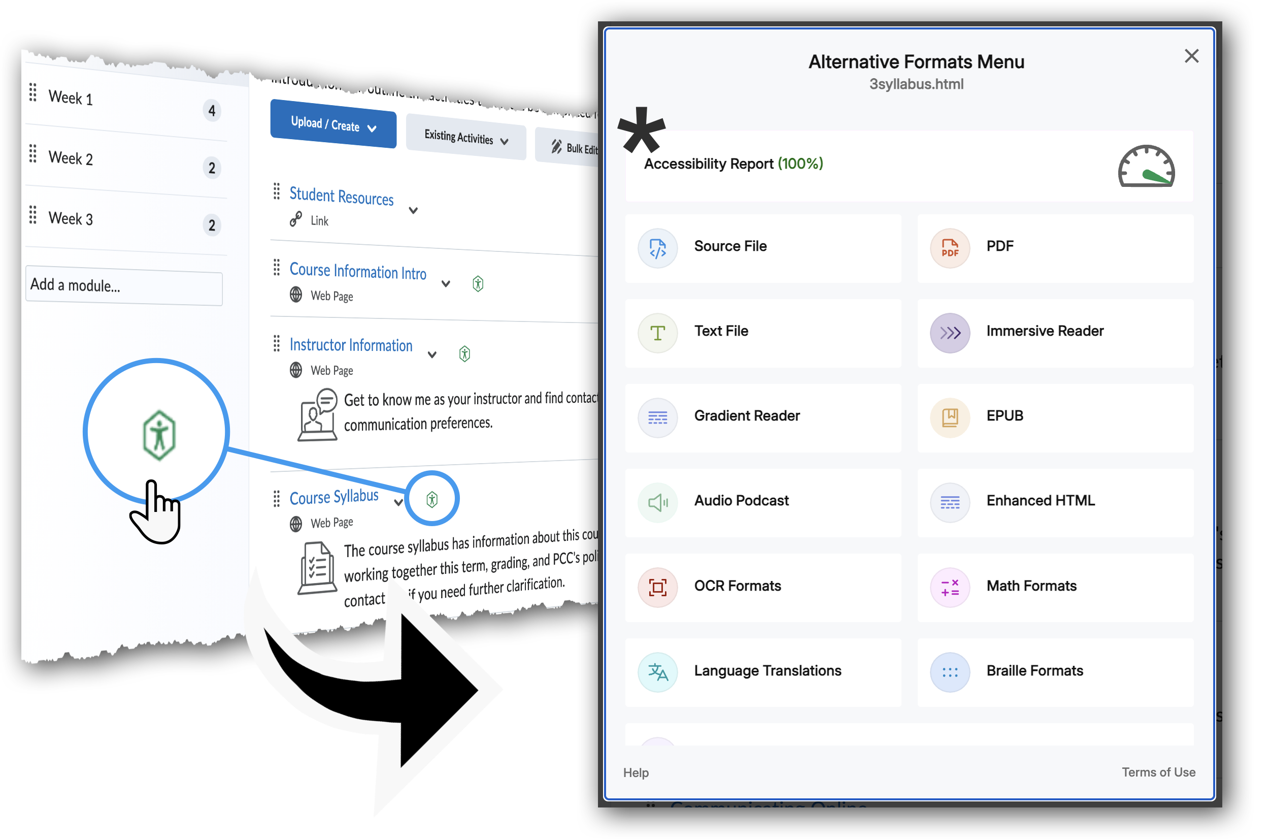 A sequence of screenshots showing how to access the Alternative Formats Menu