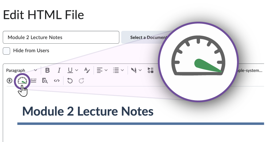 A screen shot of the HTML editor controls with the Accessibility Gauge magnified
