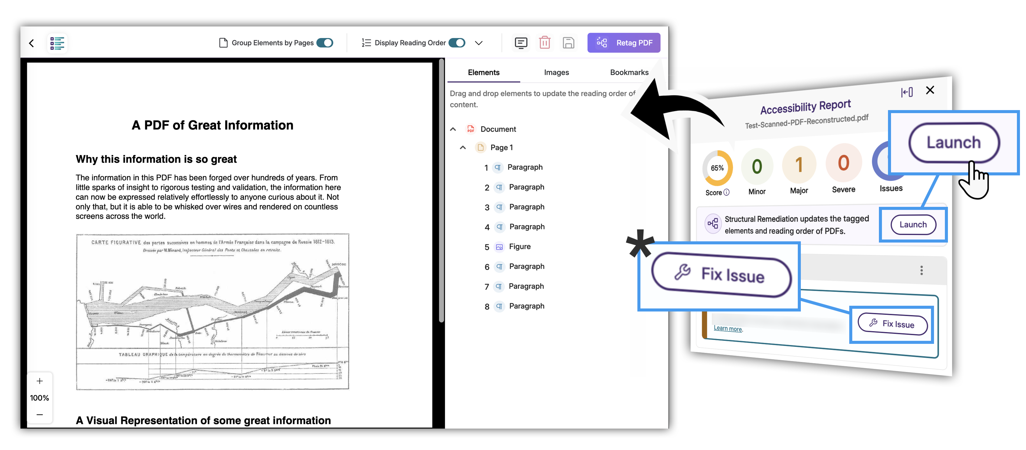 A sequence of screenshots showing the way to access the PDF Remediation tool.