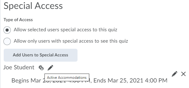 To confirm settings, if you look below Special Access at the bottom of the Restrictions tab page, you can see that Joe’s Special Access has been added and there is a gear/profile icon that indicates they still have Active Accommodations at the course level.