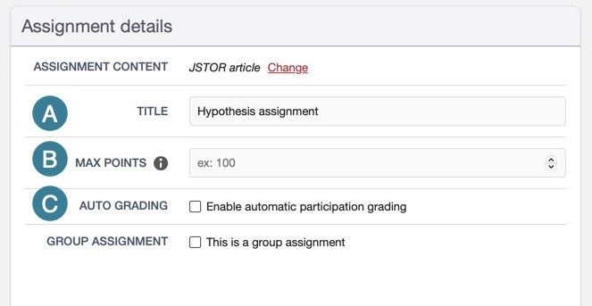 Hypothes.is assignment details window showing the title, max points, and auto grade options