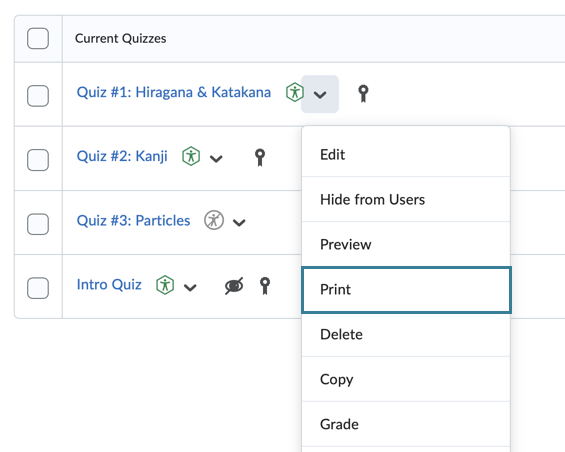 Quiz action menu drop down with the Print option marked by a bounding box