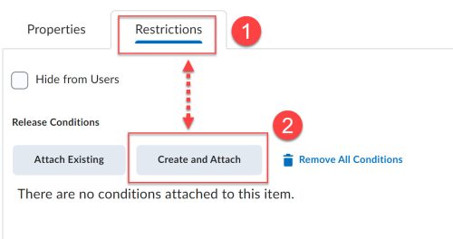 D2L discussion forum Restrictions tab marked with 1 & 2 to add a release condition