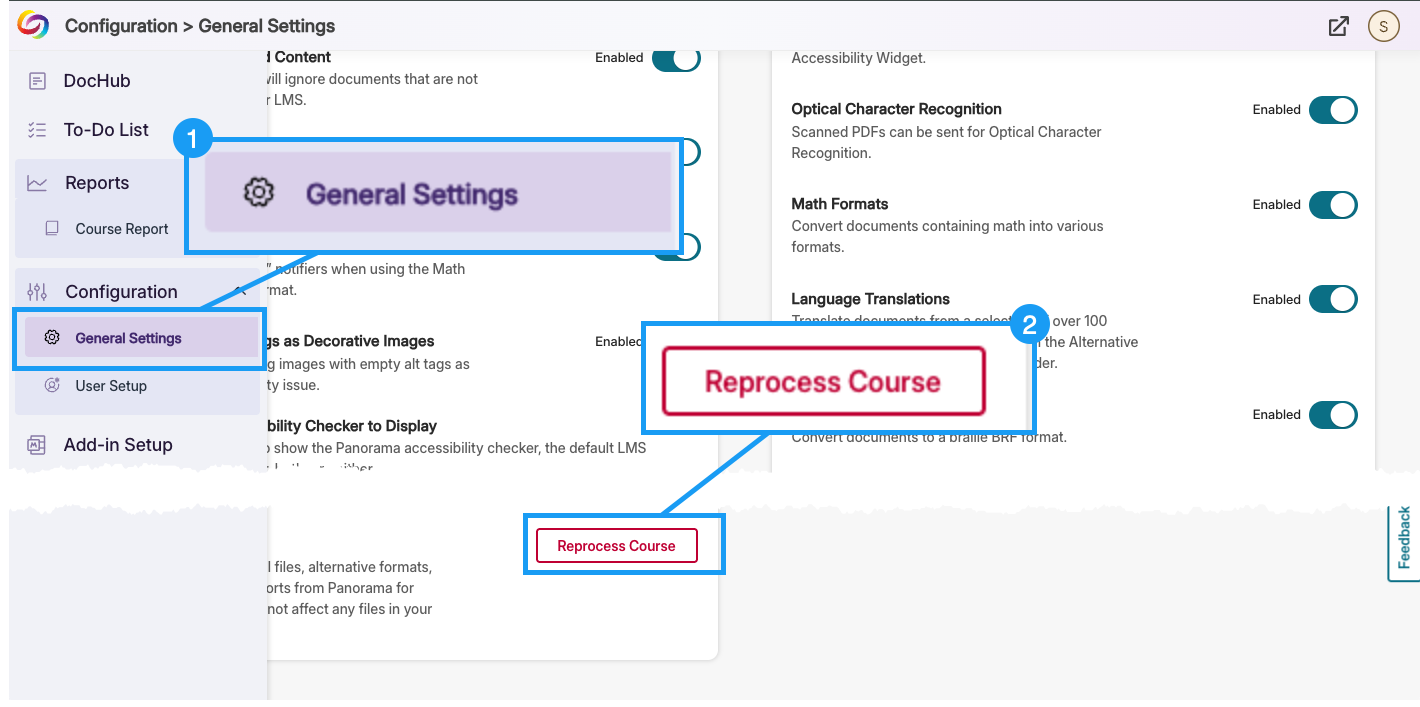 Screenshot showing the steps to get to the Reprocess Course button