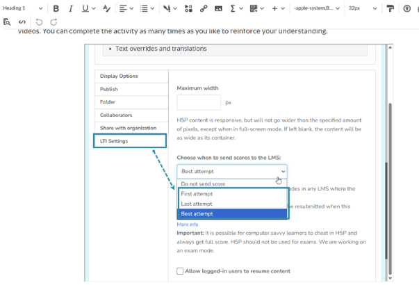 Figure 3. Review the LTI score setting before using the activity.