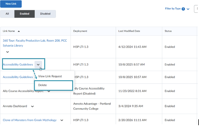Figure 6. Delete the H5P external learning tool link after changing the activity to Do not send score.