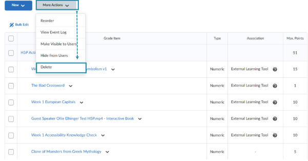 Figure 8. Use More Actions to Delete in Manage Grades.