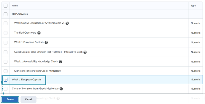 Figure 9. Select the unassociated H5P grade item and delete it.