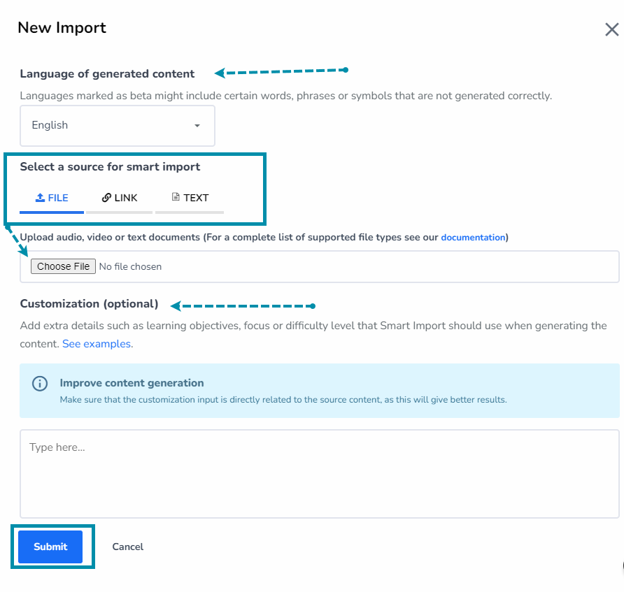 Smart import activity options menu. 