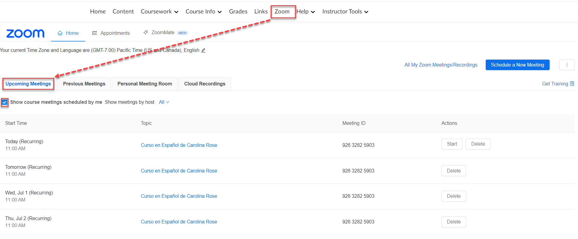 Zoom tab can be used to accesss upcoming meetings filtered by "course meetings scheduled by me"