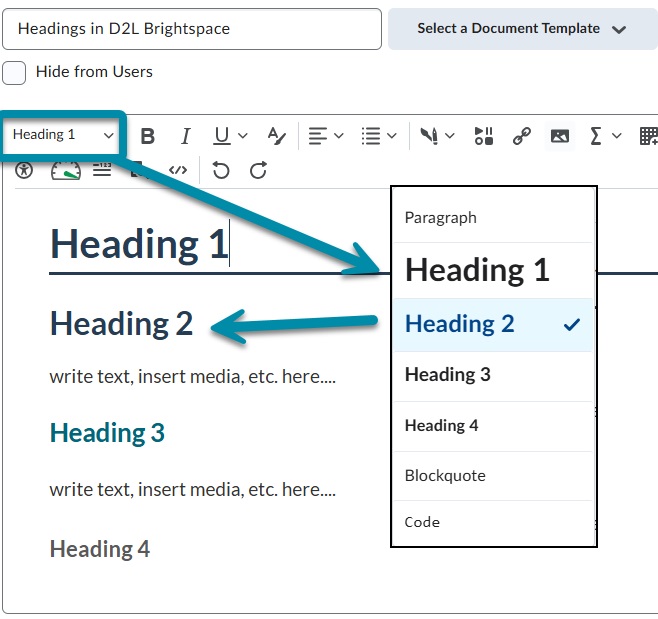 An image showing the heading styles for each heading level in D2L Brigthspace, headings 1 through 6. They must be selected from the formatting drop-down menu in the HTML editor toolbar. 