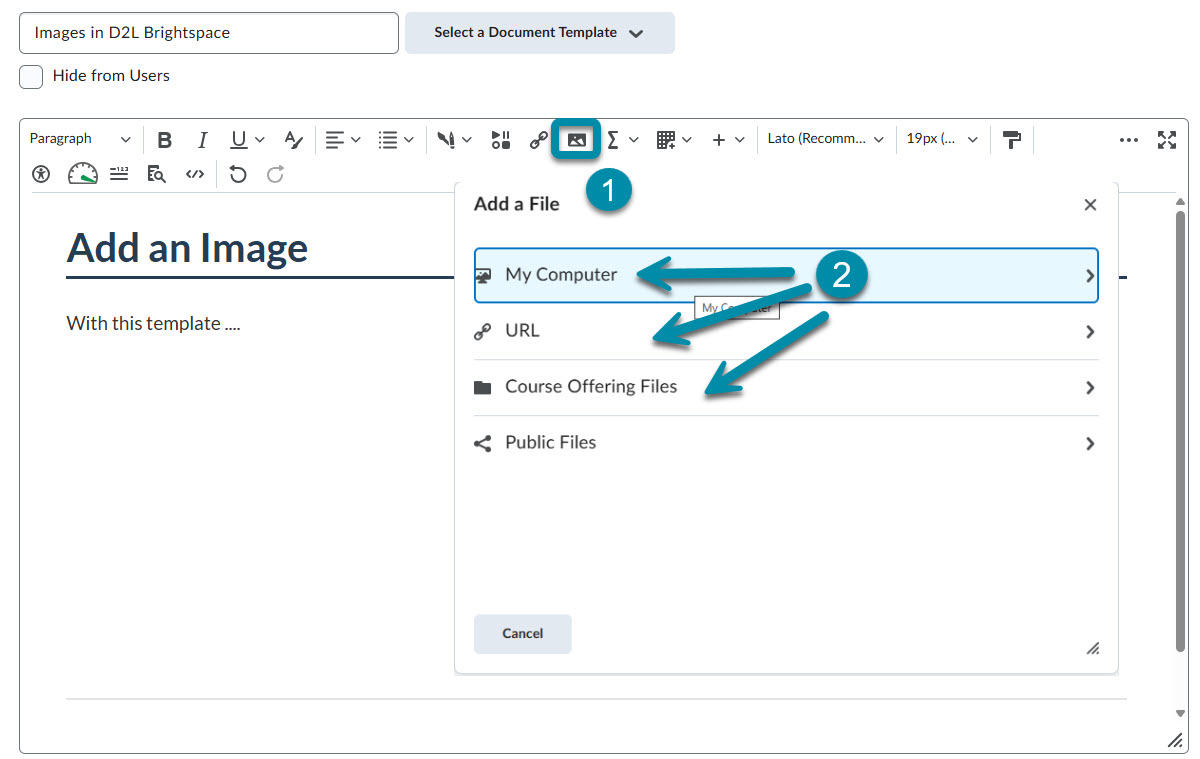 An image of the Add a File window for finding an image on your computer, in the course offering files, or by URL.