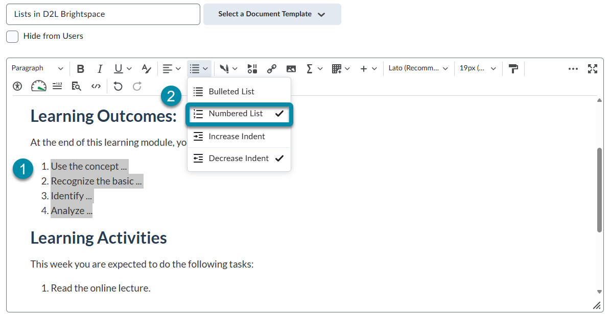An image showing a list of Learning Objectives. The buttons on the toolbar for bulleted list and numbered lists are identified. 