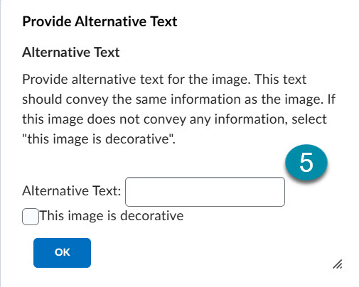 User interface prompt for providing alternative text, including fields for input and options for decorative images.
