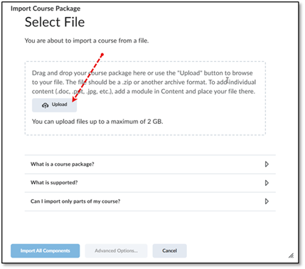 Click the Upload button to locate the package you downloaded in the previous section.