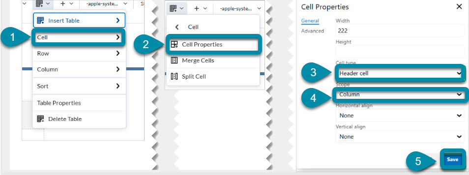 Step-by-step guide showing how to access and adjust cell properties in a D2L Brightspace HTML editor.