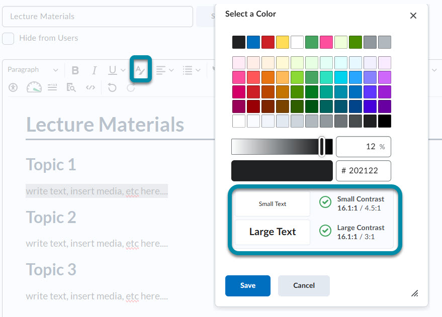 Select Color option for formatting text in D2L Brightspace
