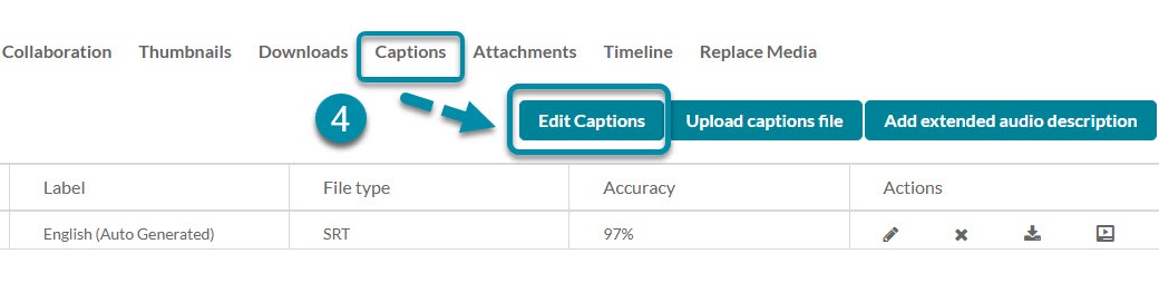 Screenshot of Edit Captions tab for an uploaded Kaltura Video. A green arrow points to the Edit Captions button.