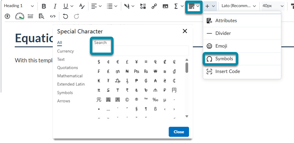 Screencap of the insert Symbol option within an open D2L Brightspace HTML editor