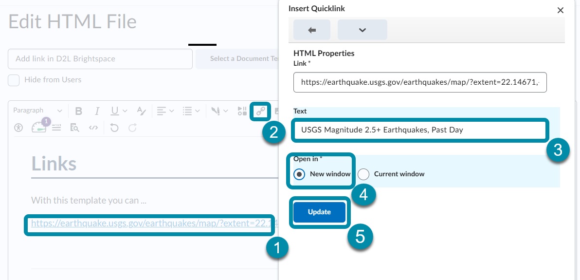 User interface for editing an HTML file in a D2L Brightspace, displaying link options and a button to update.
