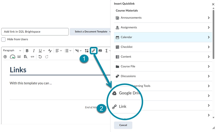 The image displays a screenshot of a user interface from D2L Brightspace, specifically focused on adding a link within a course. 
