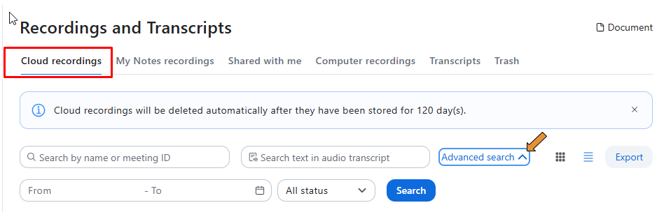 Cloud Recordings tab and other tabs and search options.