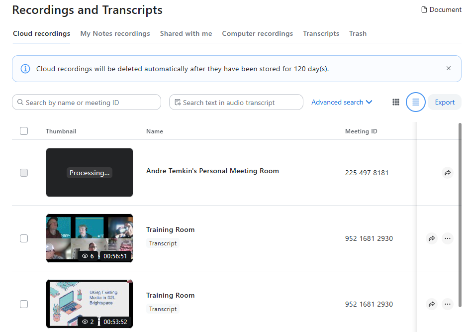 List of Cloud Recordings