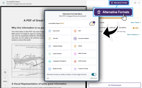 A sequence of screenshots showing how to access the Alternative Formats Menu