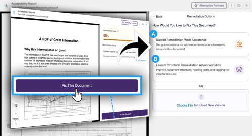 A sequence of screenshots showing the way to access the PDF Remediation tool.