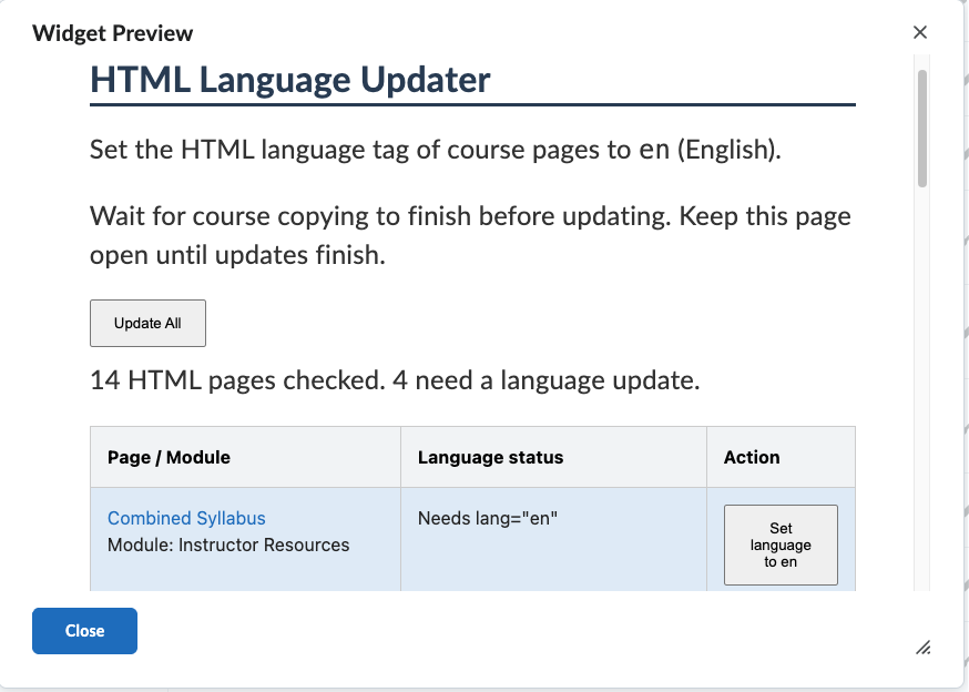 The Language Tag widget lets you update all HTML pages at once.