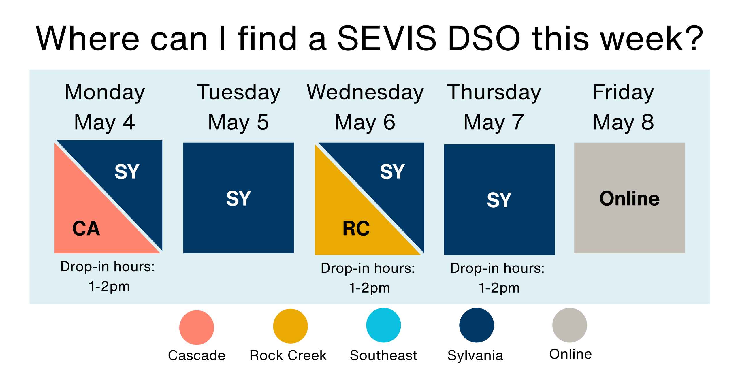 Where can I find a SEVIS DSO this week? May 4-8