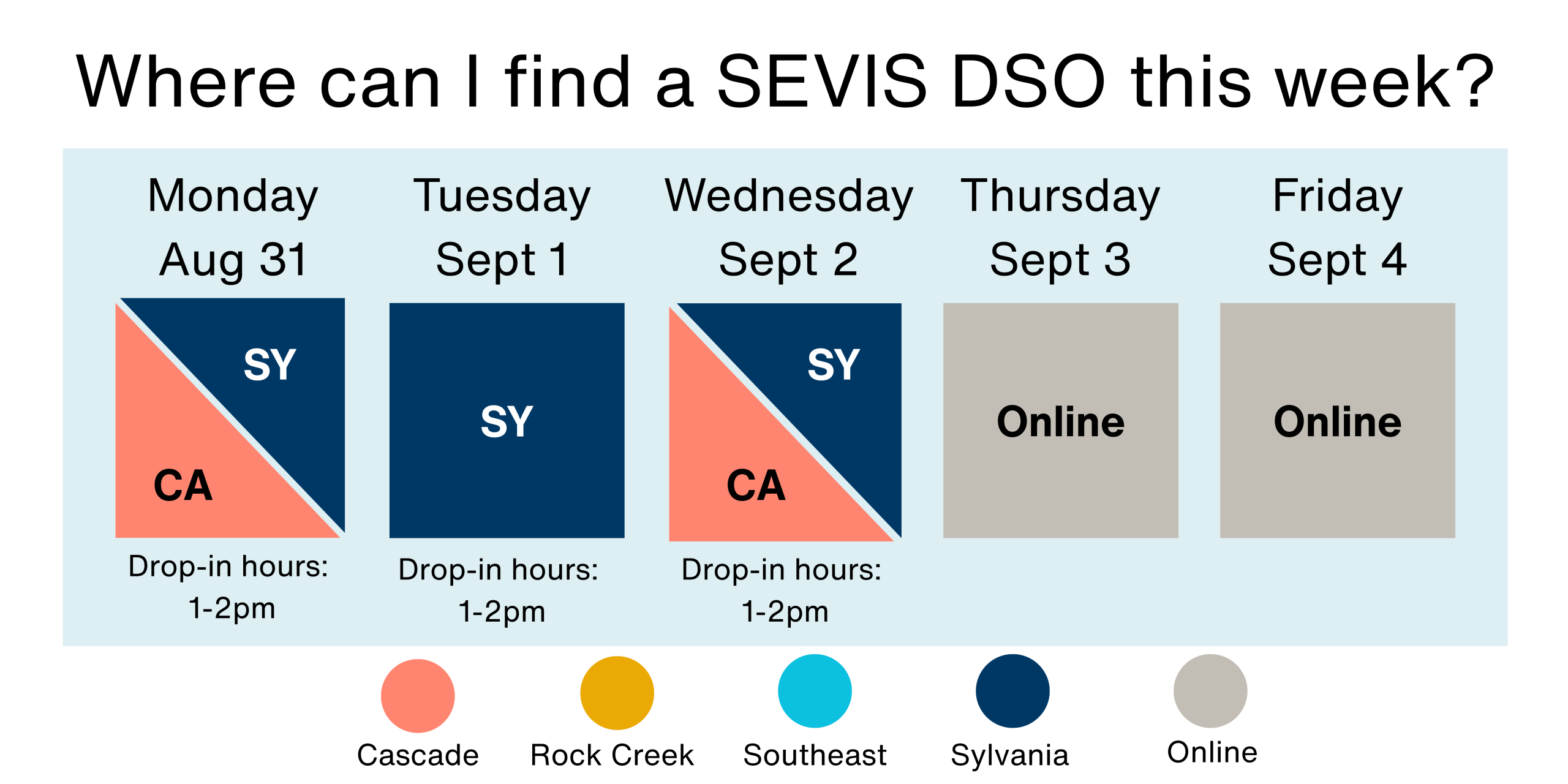 Where to find a SEVIS DSO August 31- September 4? Monday, August 31 at Cascade & Sylvania. Tuesday, September 1, Sylvania. Wednesday, September 2, at Sylvania & Cascade. Thursday, September 3, online. Friday, September 4, online