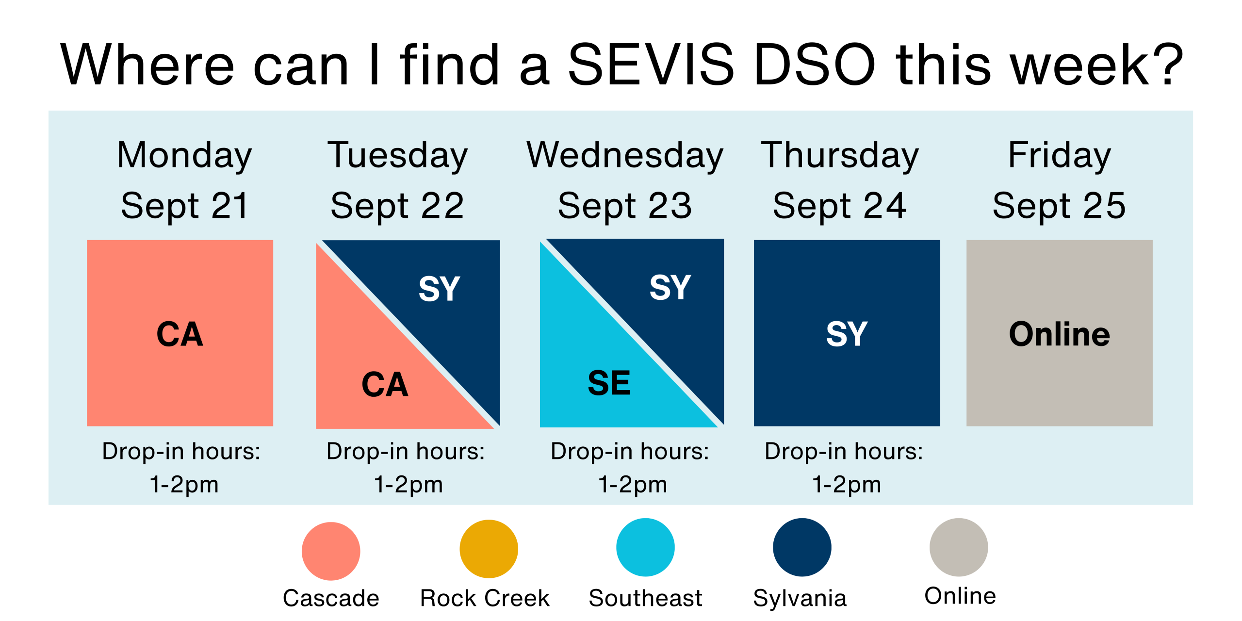 Where to find a SEVIS DSO September 21-25? Monday, September 21 at Cascade. Tuesday, September 22 at Cascade & Sylvania. Wednesday, September 23 at Southeast & Sylvania. Thursday, September 24 at Sylvania. Friday, September 25, online.