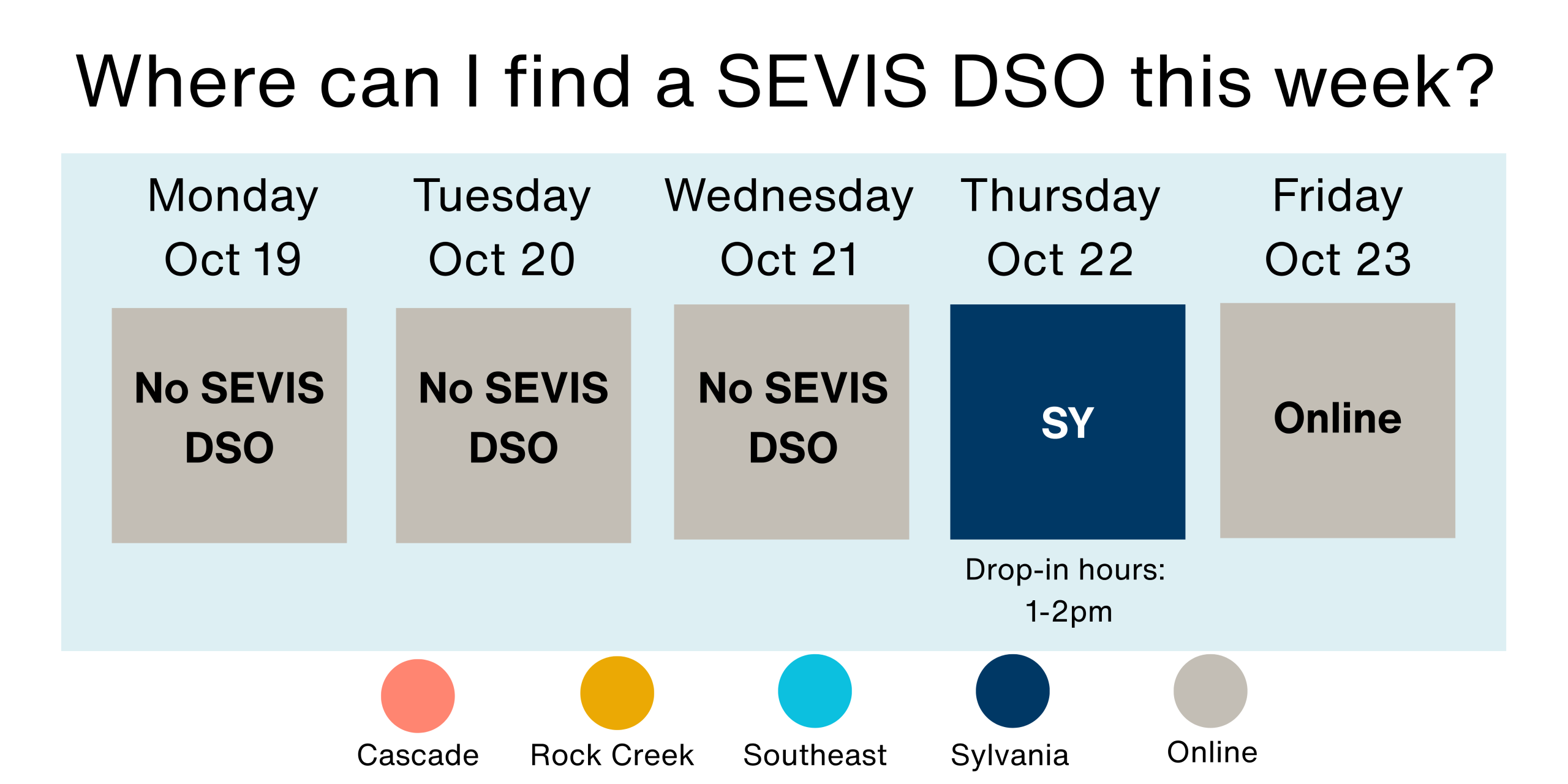 Where to find a SEVIS DSO October 19-23? Monday-Wednesday, October 19-21 - no SEVIS DSO available. Thursday, October 22 at Sylvania. Friday, October 23, online.