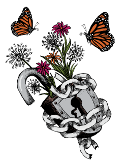 Logo showing a lock being unlocked, with flowers and butterflies