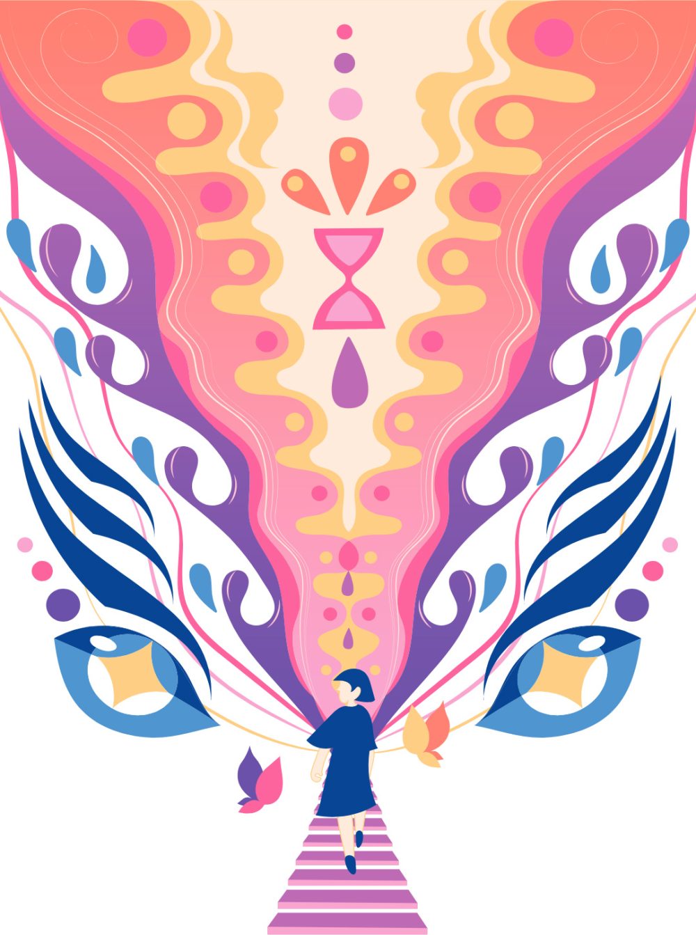 Colorful, abstract illustration of a person, stairs, and eyes