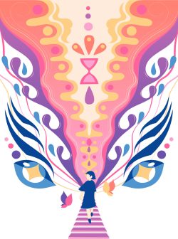 Colorful, abstract illustration of a person, stairs, and eyes