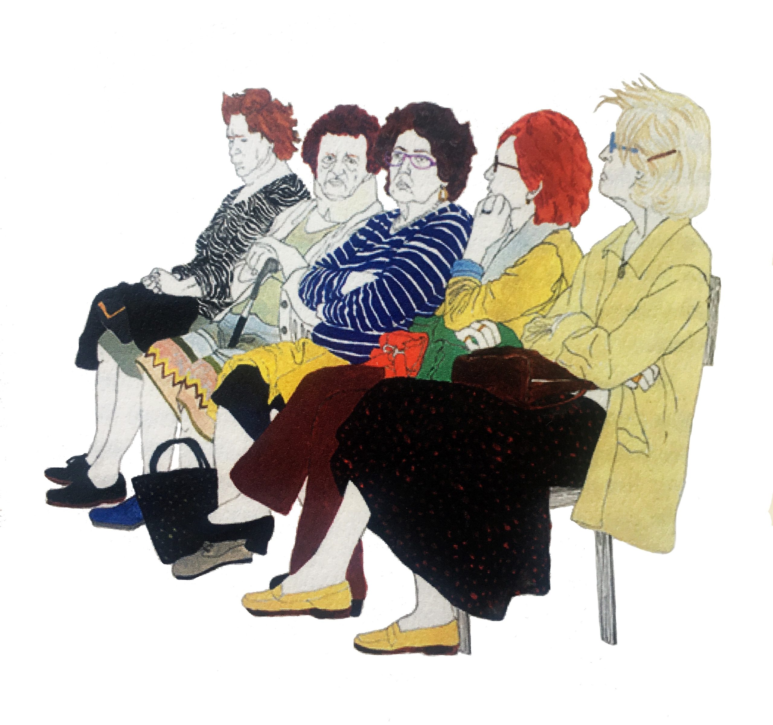 sketch of five elderly women sitting on chairs