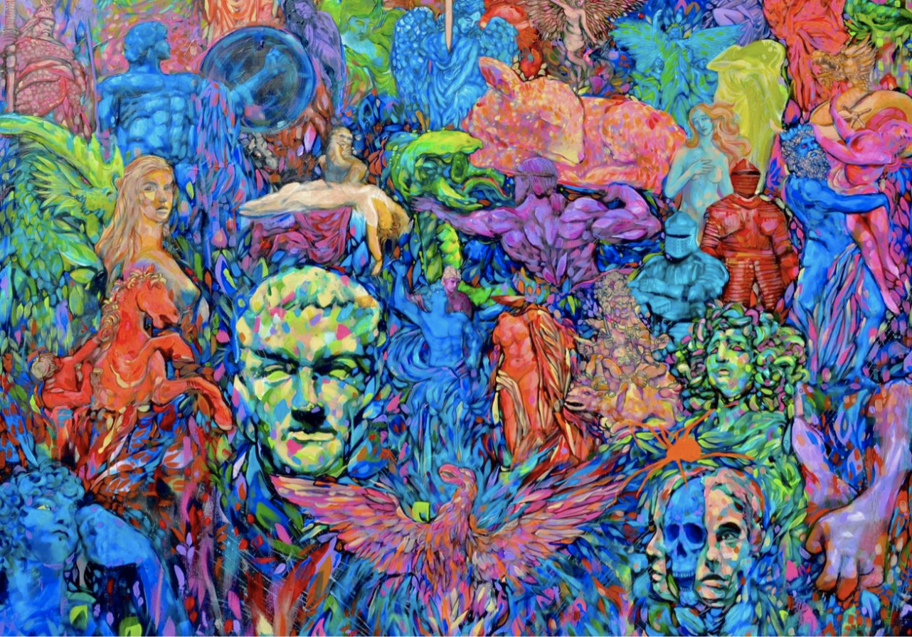 A multicolored pixelated art piece showing mythological figures