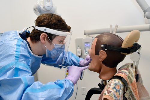 Vanprt Building dental student working with a practice dummy