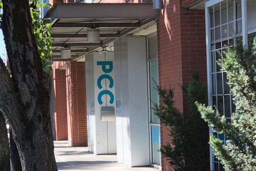 PCC in bold turquoise letters on the side of the Hillsboro Center