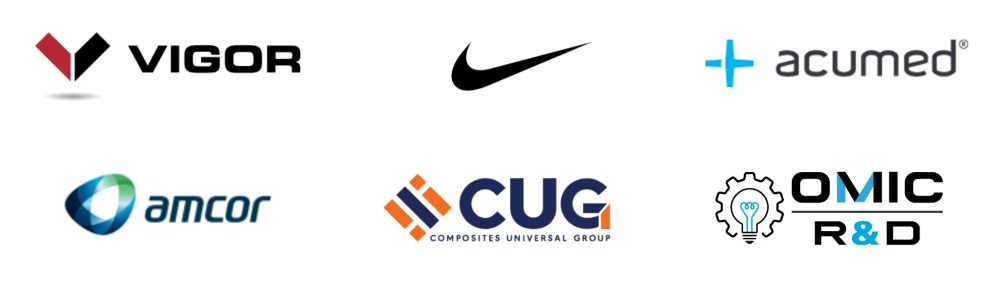 Vigor, Nike, acumed, amcor, Composites Universal Group, and OMIC R&D logos