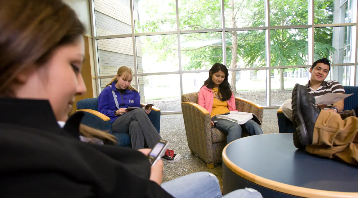 Students hang out in a sunny space